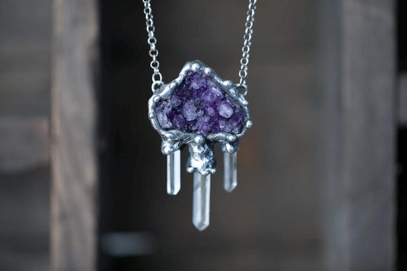 Raw Amethyst And Quartz Crystal Necklace , Handmade Tiffany Soldered Pendant , Natural Stone Jewelry ,february Birthstone,statement Necklace