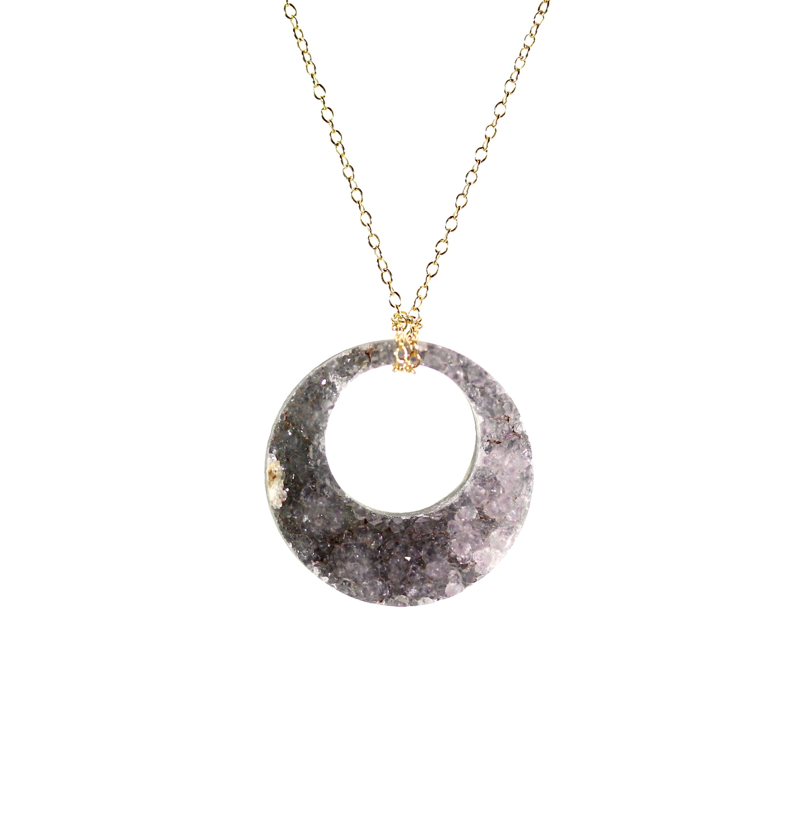 Raw Amethyst Circle Necklace: Purple Sparkly Druzy Crystal Pendant, 14k Gold Filled Chain Raw Amethyst Circle Necklace: Purple Sparkly Druzy Crystal Pendant, 14k Gold Filled Chain