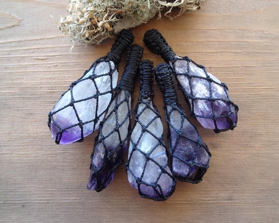 Rough Amethyst Crystal Pendant Necklace, Large Raw Crystal Macrame Necklace, Crystals And Stones, Gift For Mom, Sister