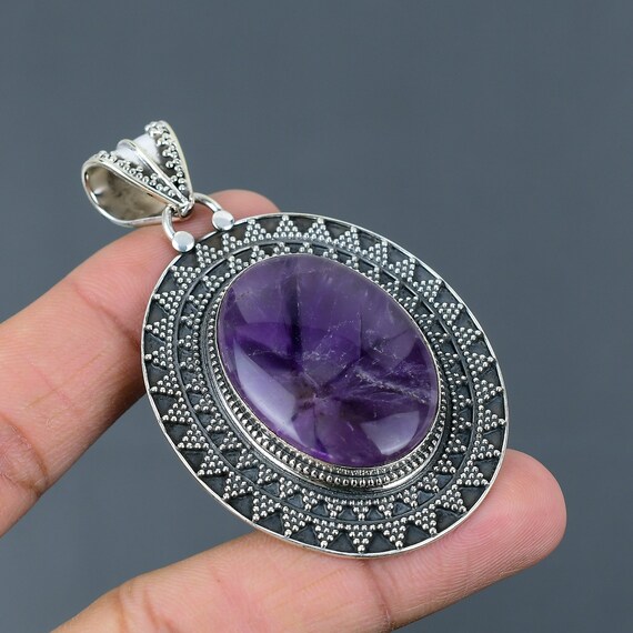 Star Amethyst 925 Sterling Silver Pendant - Handmade Vintage Jewelry