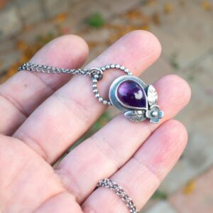 Amethyst Sterling Silver Necklace, Floral Teardrop Pendant, Handmade Boho Jewelry
