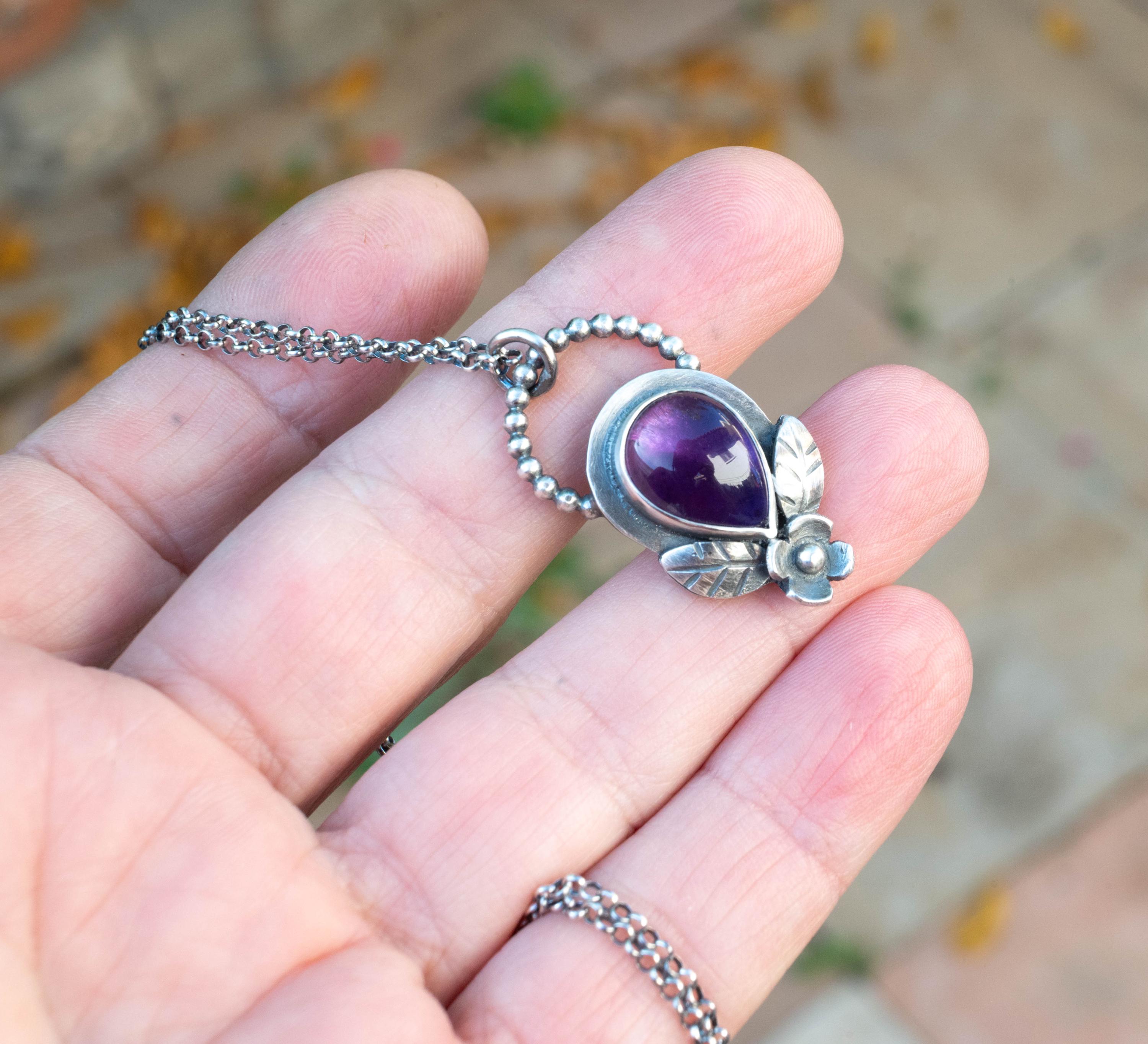 Amethyst Sterling Silver Necklace, Floral Teardrop Pendant, Handmade Boho Jewelry
