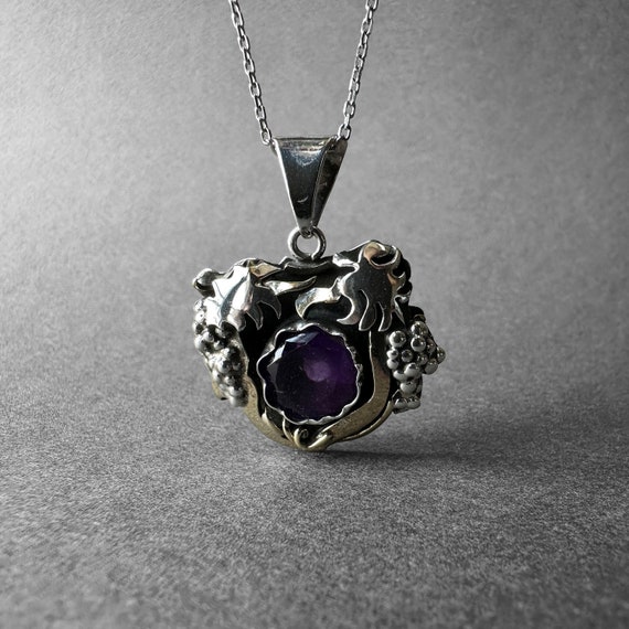 Stunning Dark Purple Amethyst Stone Silver Necklace, Grape Vine Design Amethyst Pendant, Art Nouveau Style, Father's Special Collection