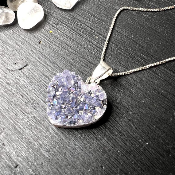 Tiny! Amethyst Druzy Heart Pendant With Sterling Silver Loop 0.8 Inches