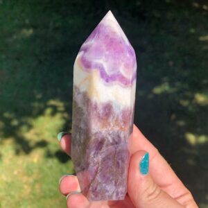 4.4" Chevron Amethyst Tower #11 Large Amethyst Point, Polished Crystal, Banded Purple White, February Birthstone, Gift For Aquarius, Pisces 4.4" Chevron Amethyst Tower #11 Large Amethyst Point, Polished Crystal, Banded Purple White, February Birthstone, Gift For Aquarius, Pisces
