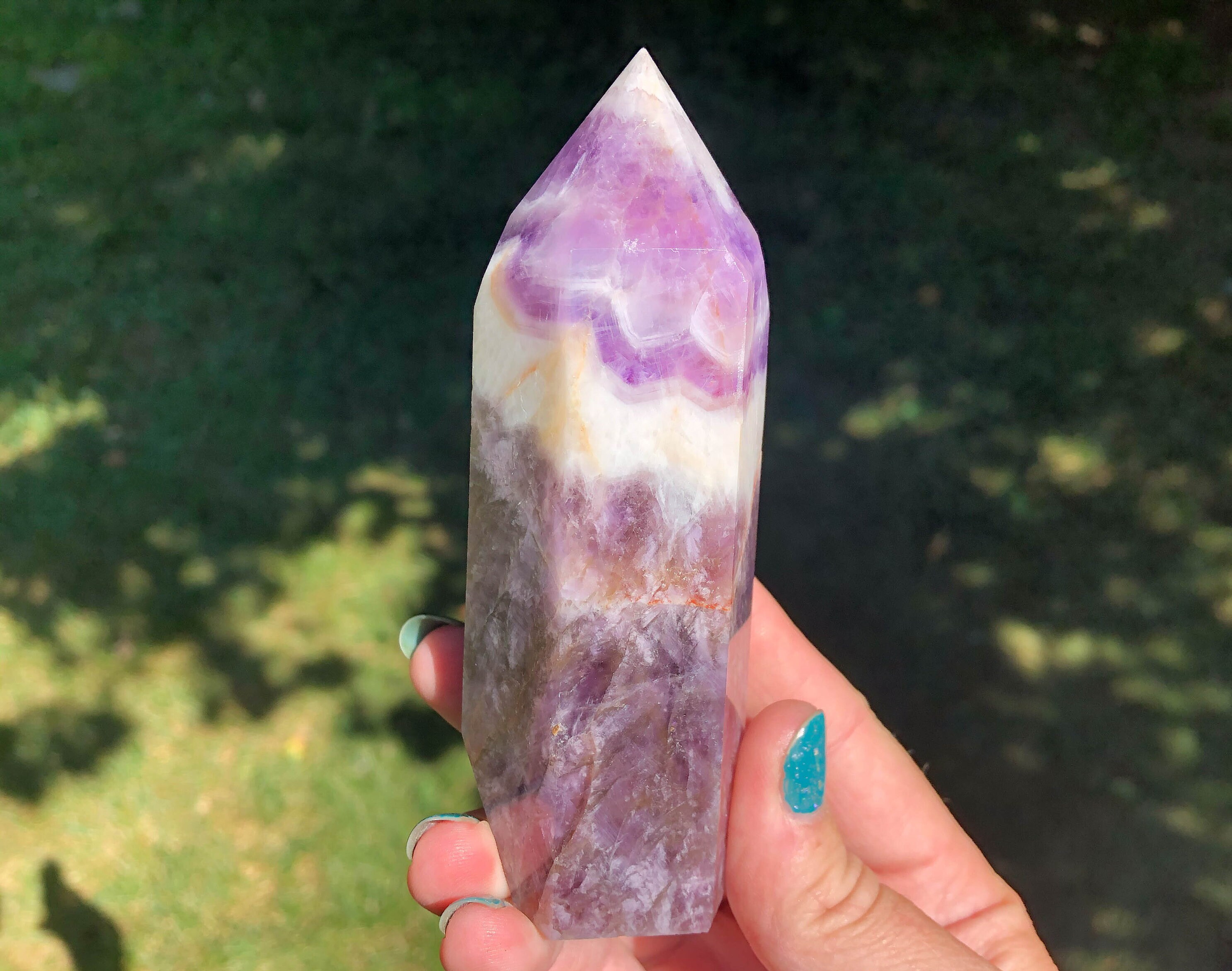 4.4" Chevron Amethyst Tower #11 Large Amethyst Point, Polished Crystal, Banded Purple White, February Birthstone, Gift For Aquarius, Pisces