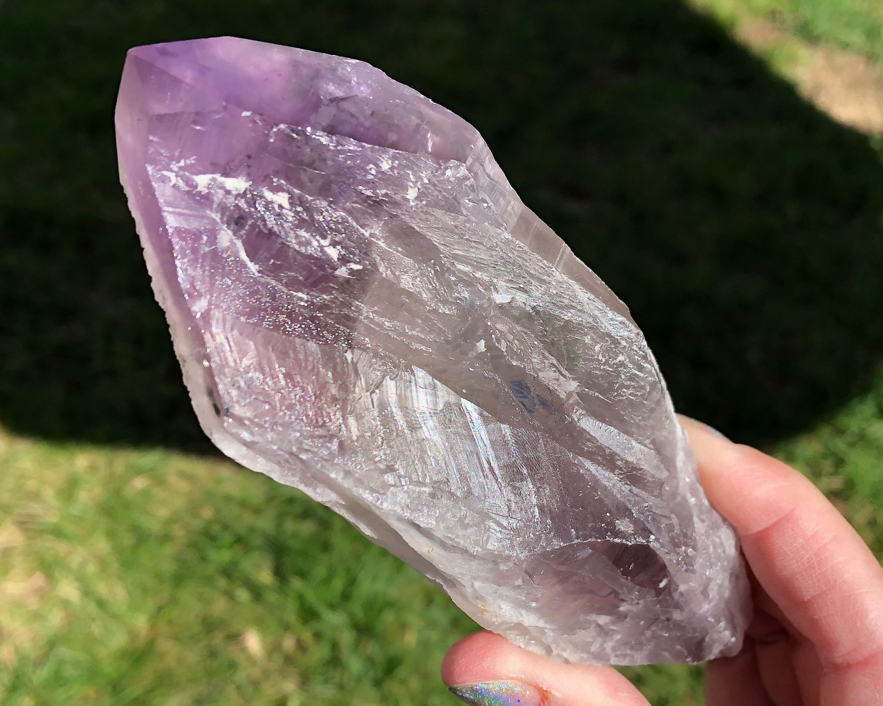 5.2" Bahia Smoky Amethyst Crystal Point #7 Tomahawk Elestial Wand Semi Polished Termination And Rough Sides Large Amethyst Wand