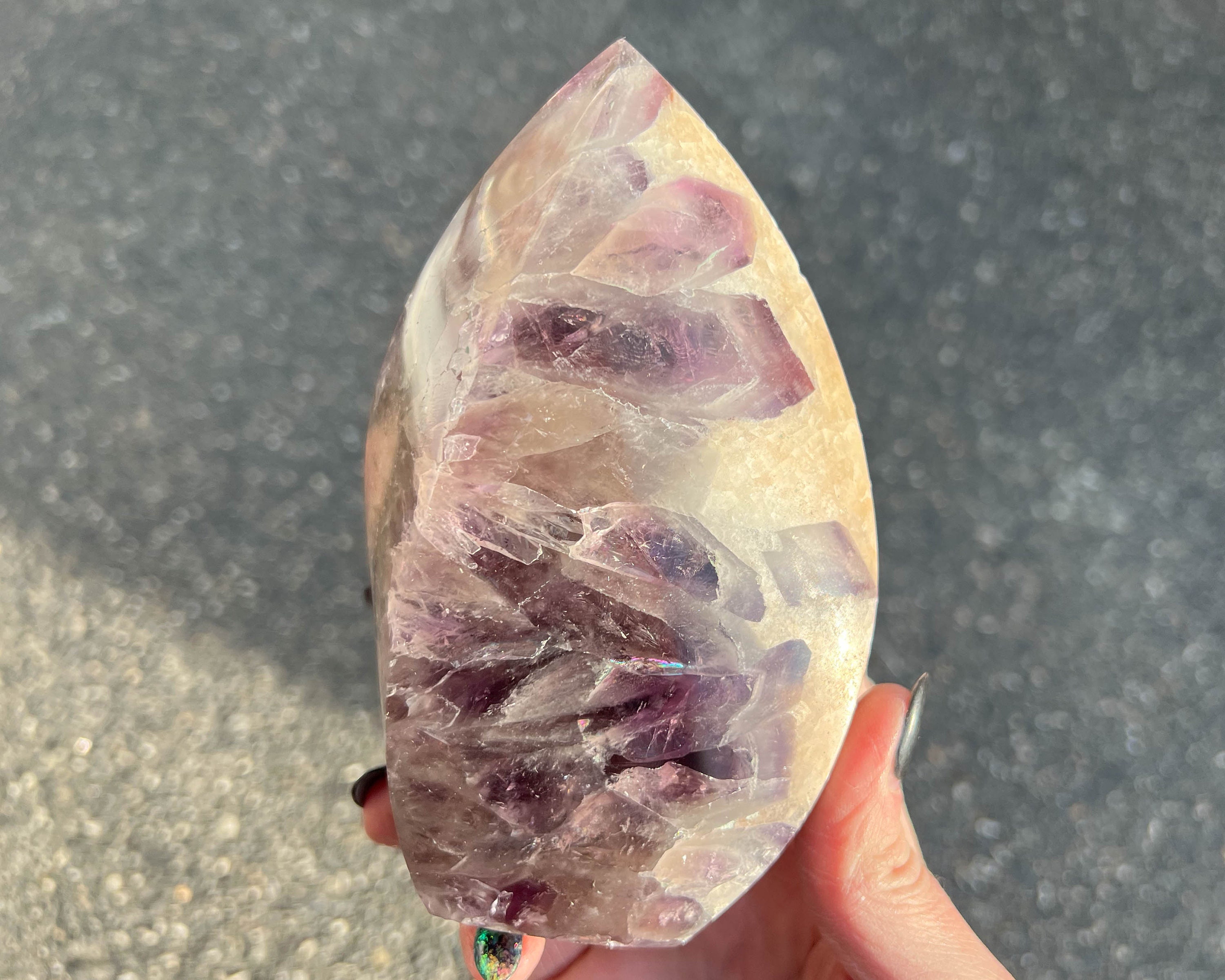5.4" Amethyst With Pink Chalcedony Spiral Display Piece, Chevron Crystal, Polished Freestanding, Guava Amethyst Point, #1
