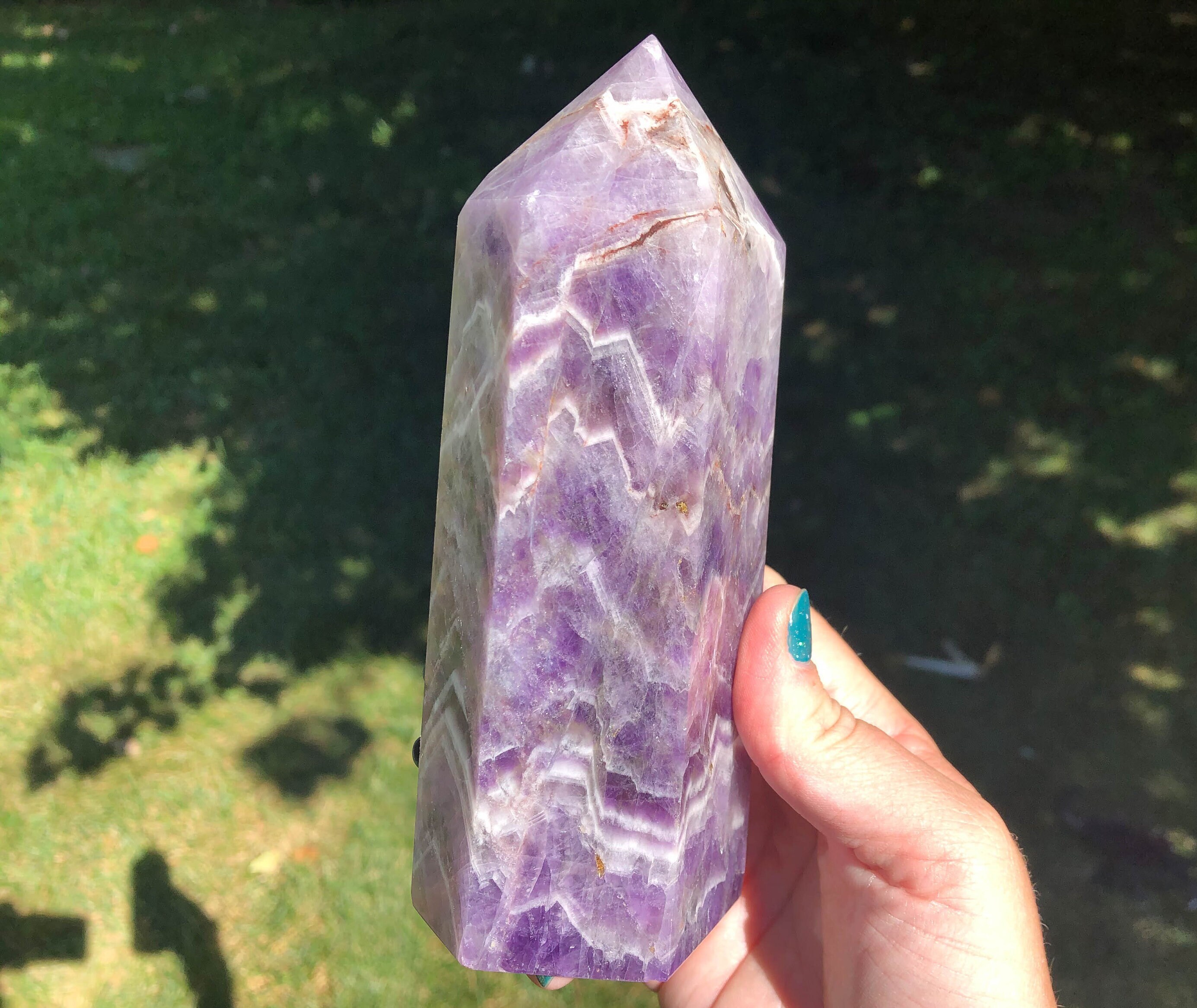 6.4" Chevron Amethyst Tower #12 Large Polished Crystal Point, Dream Banded Amethyst, Gemstone Home Decor, February Birthstone 6.4" Chevron Amethyst Tower #12 Large Polished Crystal Point, Dream Banded Amethyst, Gemstone Home Decor, February Birthstone