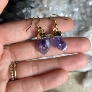 Raw Amethyst Earrings: Gold Plated Boho Crystal Point Dangle Raw Amethyst Earrings: Gold Plated Boho Crystal Point Dangle