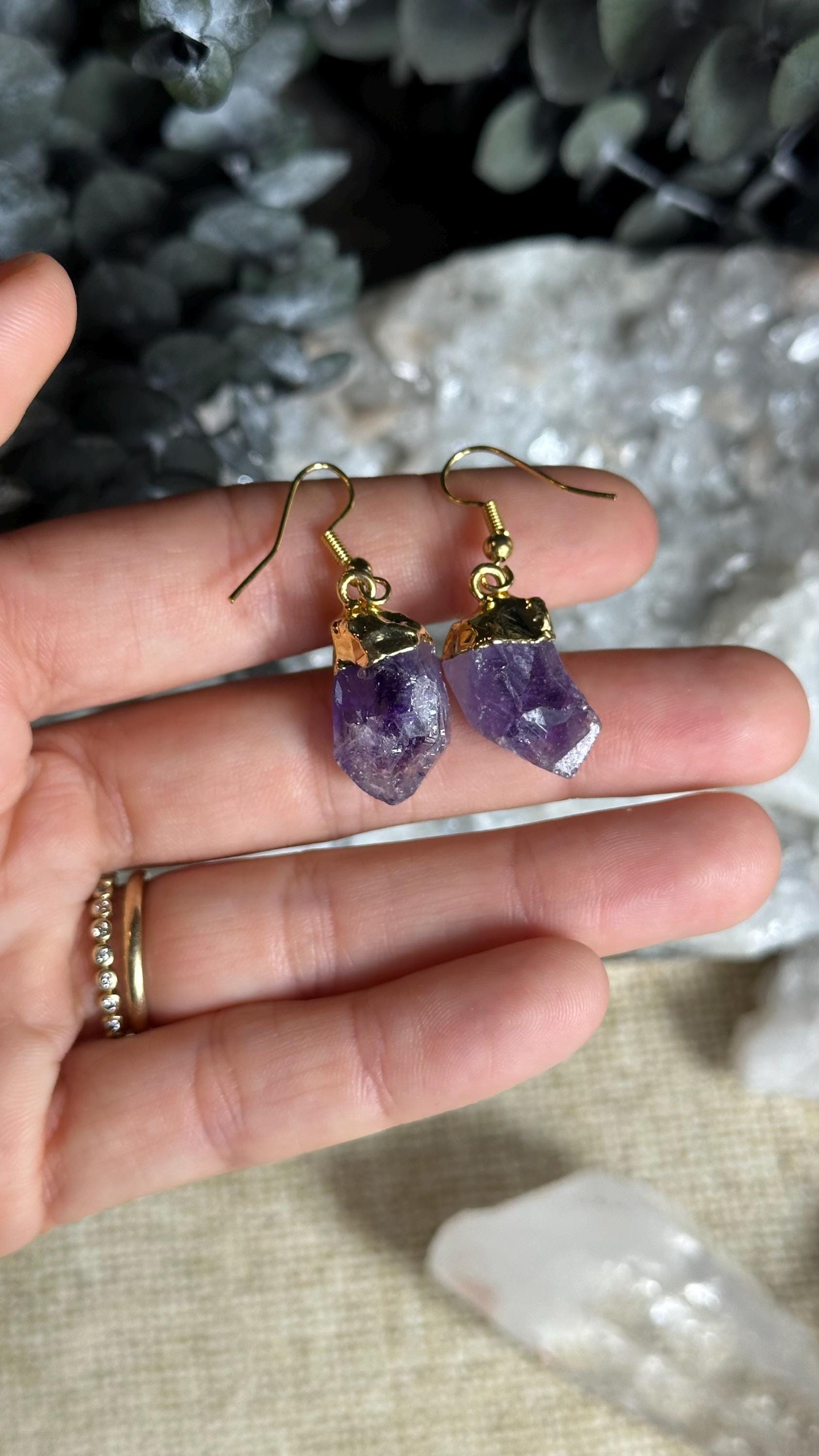 Raw Amethyst Earrings: Gold Plated Boho Crystal Point Dangle