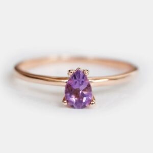 14K Rose Gold Amethyst Pear-Shaped Solitaire Ring, Minimalist Birthstone Engagement Jewelry
