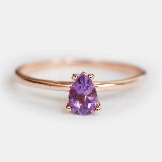 14k Rose Gold Marquise Amethyst Ring, Dainty Minimalist February Birthstone Gift, Handmade Stacking Jewelry