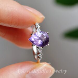2ct Pear Amethyst Engagement Ring/Silver Amethyst Ring/Purple Stone Promise Ring/Anniversary Gift for Her