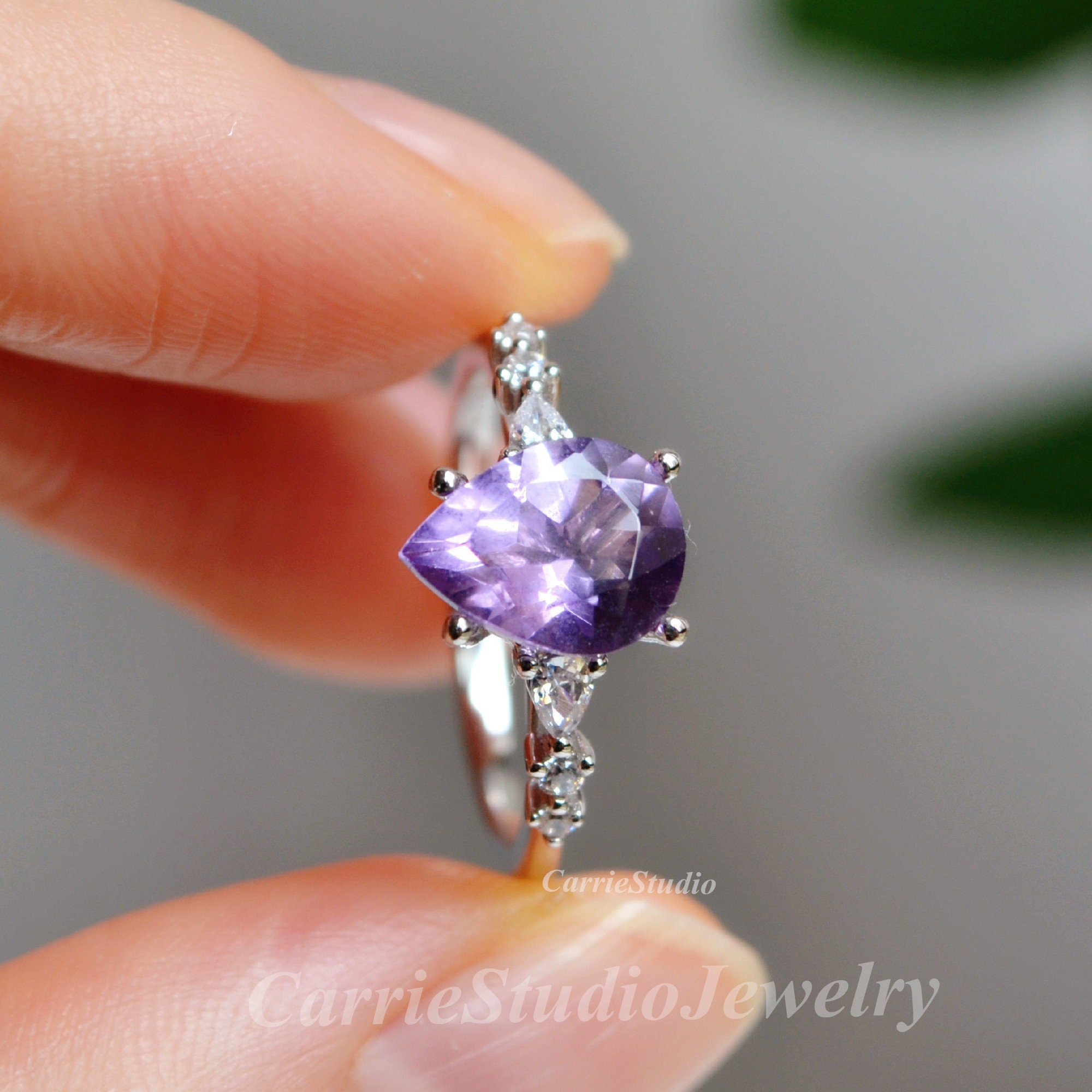 2ct Pear Amethyst Engagement Ring/silver Amethyst Ring/purple Stone Promise Ring/anniversary Gift For Her