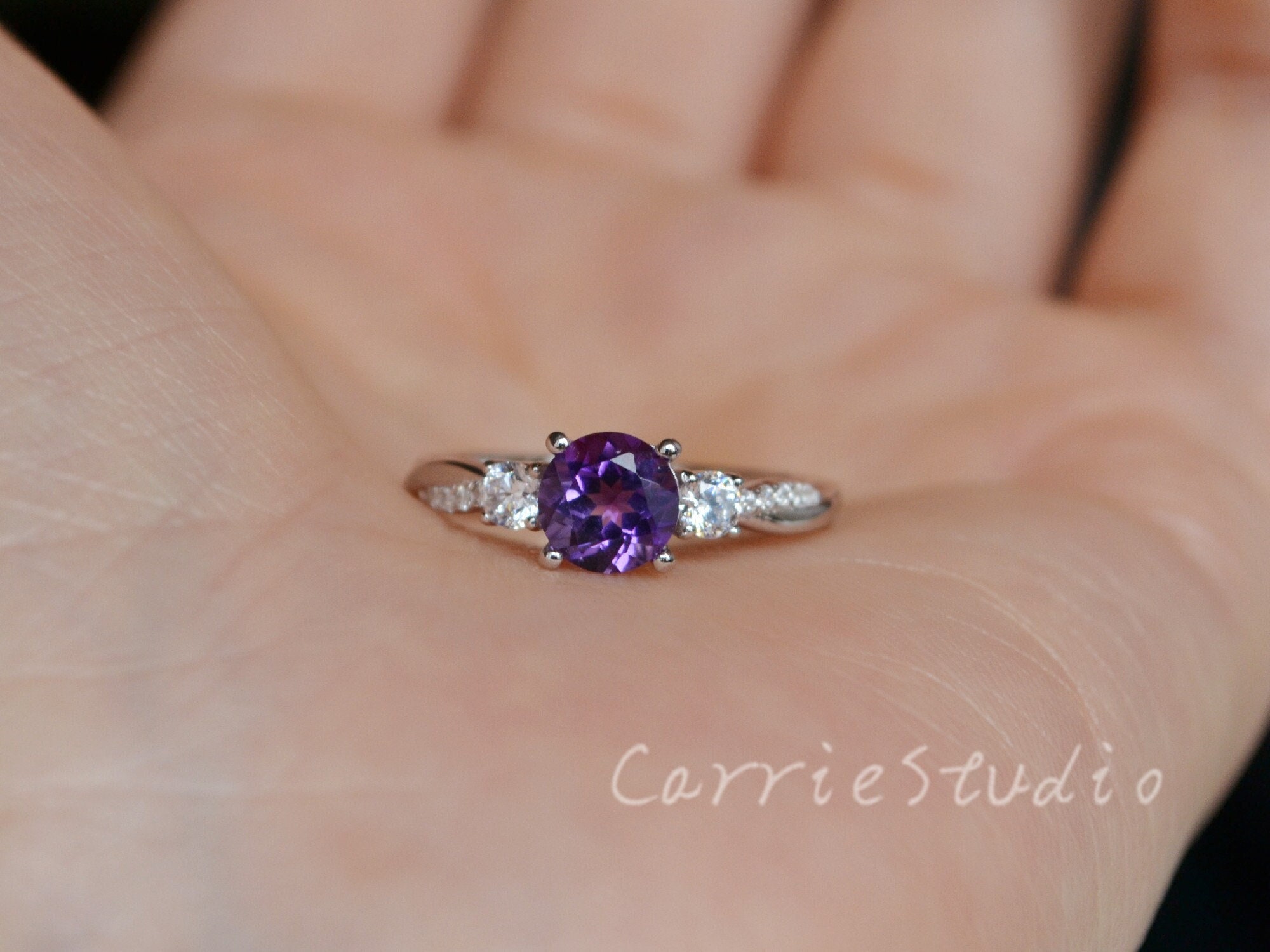 3 Stone Amethyst Ring - Twist Band Amethyst Engagement Ring Silver - Purple Gem Ring - Anniversary Gift For Her