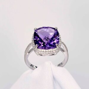 Amethyst Ring, Checker board Cut, 6+ carats, Genuine Gemstone 12 mm Cushion, Set in 925 Sterling Silver Halo Mounting with Side stones Amethyst Ring, Checker board Cut, 6+ carats, Genuine Gemstone 12 mm Cushion, Set in 925 Sterling Silver Halo Mounting with Side stones