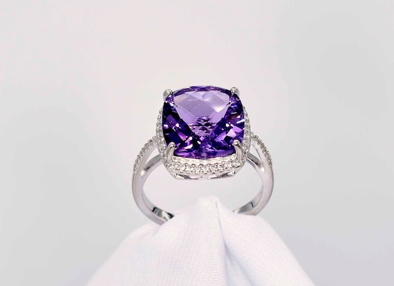 Amethyst Ring, Checker Board Cut, 6+ Carats, Genuine Gemstone 12 Mm Cushion, Set In 925 Sterling Silver Halo Mounting With Side Stones