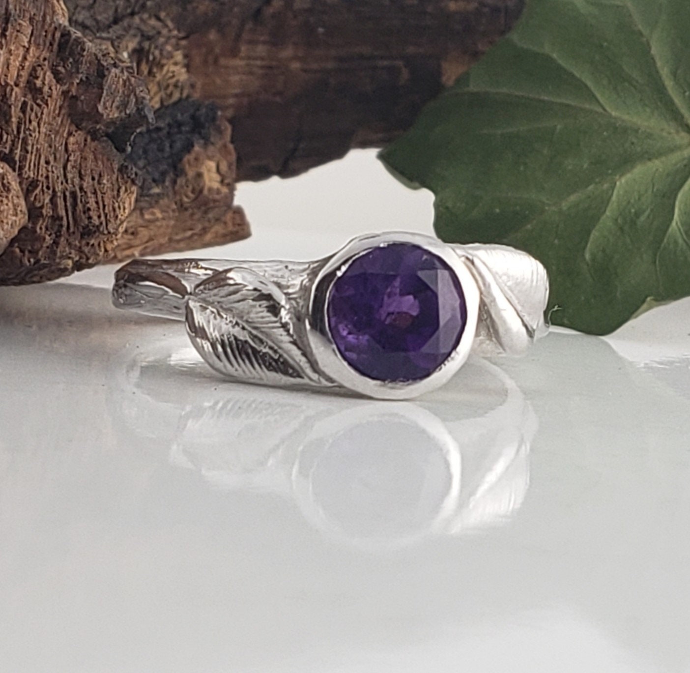 Amethyst Engagement Ring – Leaf And Twig Band, Gemstone Ring