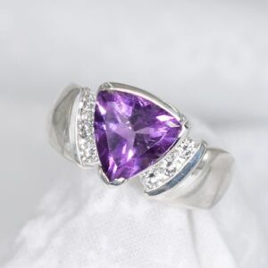 Amethyst Ring, Genuine Gemstone 9mm Trillion Cut 2.23 carats, February Birthstone, with 6-2.5mm CZ's, 925 Sterling Silver Trillion Mount Amethyst Ring, Genuine Gemstone 9mm Trillion Cut 2.23 carats, February Birthstone, with 6-2.5mm CZ's, 925 Sterling Silver Trillion Mount
