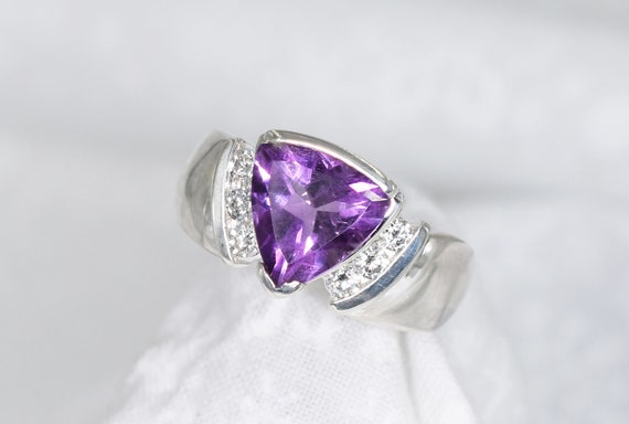 Amethyst Ring, Genuine Gemstone 9mm Trillion Cut 2.23 Carats, February Birthstone, With 6-2.5mm Cz's, 925 Sterling Silver Trillion Mount Amethyst Ring, Genuine Gemstone 9mm Trillion Cut 2.23 Carats, February Birthstone, With 6-2.5mm Cz's, 925 Sterling Silver Trillion Mount
