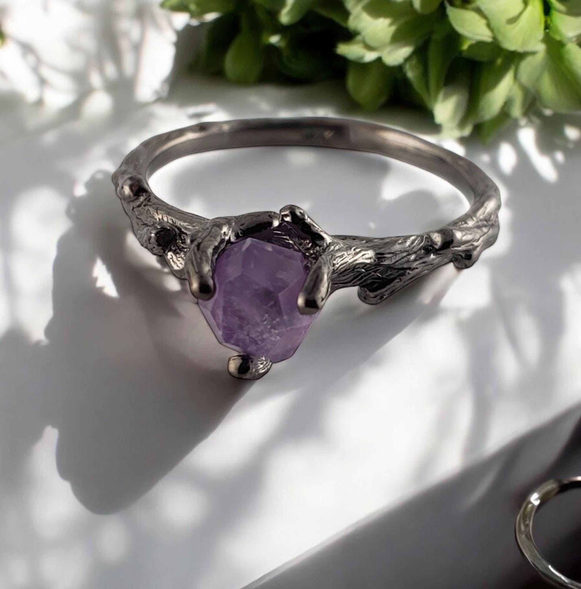 Hand-cut Amethyst Twig Ring, Black Ruthenium 14k Gold Hand-cut Amethyst Twig Ring, Black Ruthenium 14k Gold