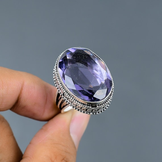 Handmade Faceted African Amethyst Ring: Vintage 925 Sterling Silver
