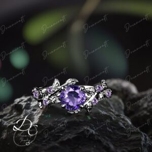 Natural Amethyst Engagement Ring Art Deco Leaf Black Gold Twig Cluster Promise Ring Purple Gemstone Bridal Ring Jewelry Gitf For Her Natural Amethyst Engagement Ring Art Deco Leaf Black Gold Twig Cluster Promise Ring Purple Gemstone Bridal Ring Jewelry Gitf For Her