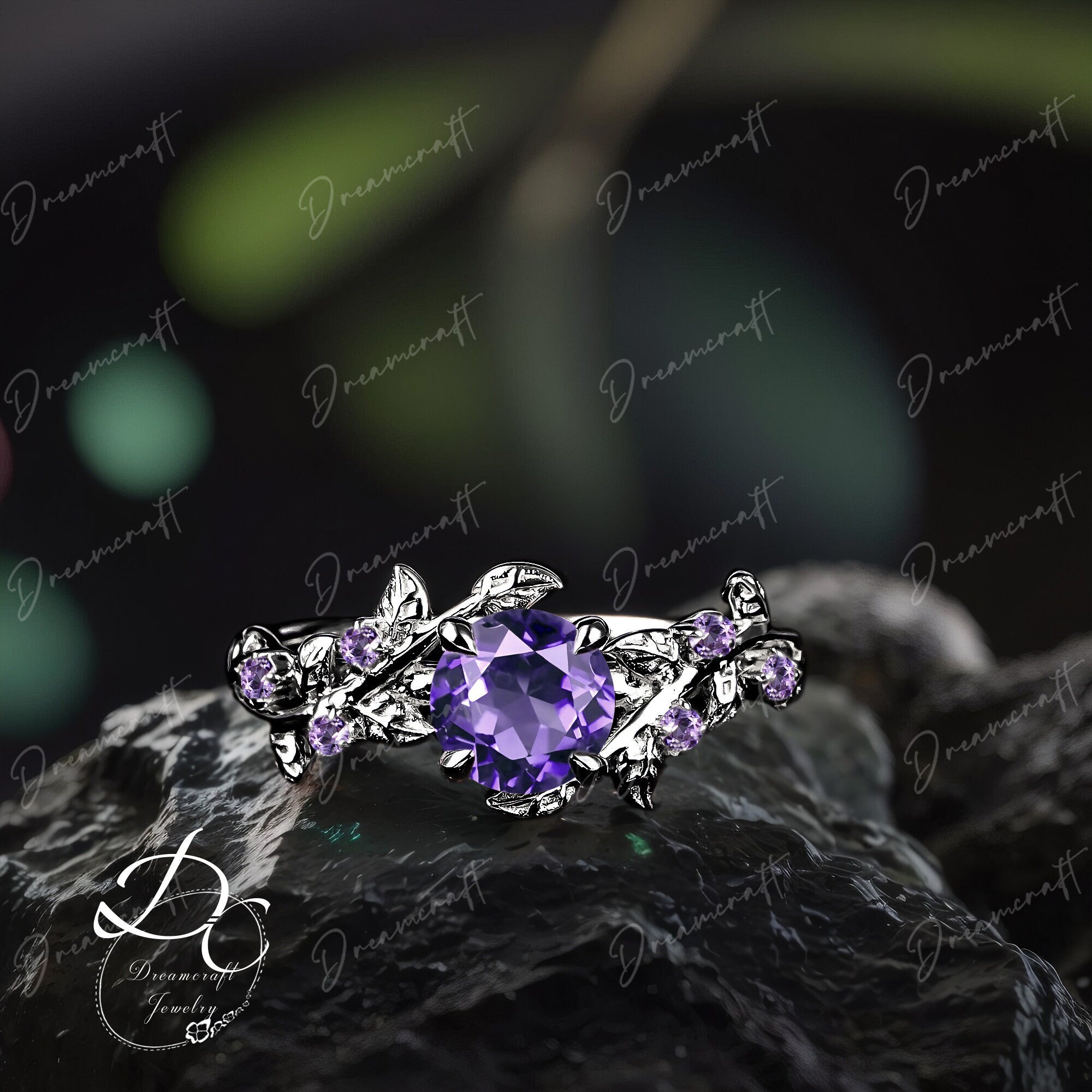 Natural Amethyst Engagement Ring Art Deco Leaf Black Gold Twig Cluster Promise Ring Purple Gemstone Bridal Ring Jewelry Gitf For Her