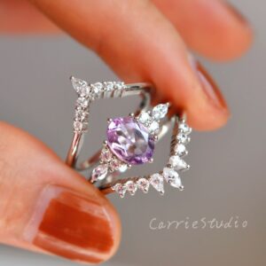 Natural Lavender Amethyst Ring Set/Light Purple Amethyst Engagement Ring Set/Sterling Silver Purple Promise Ring/Gift for Her