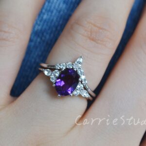 Natural Amethyst Ring Set/Silver Amethyst Engagement Ring Purple Amethyst Anniversary Ring