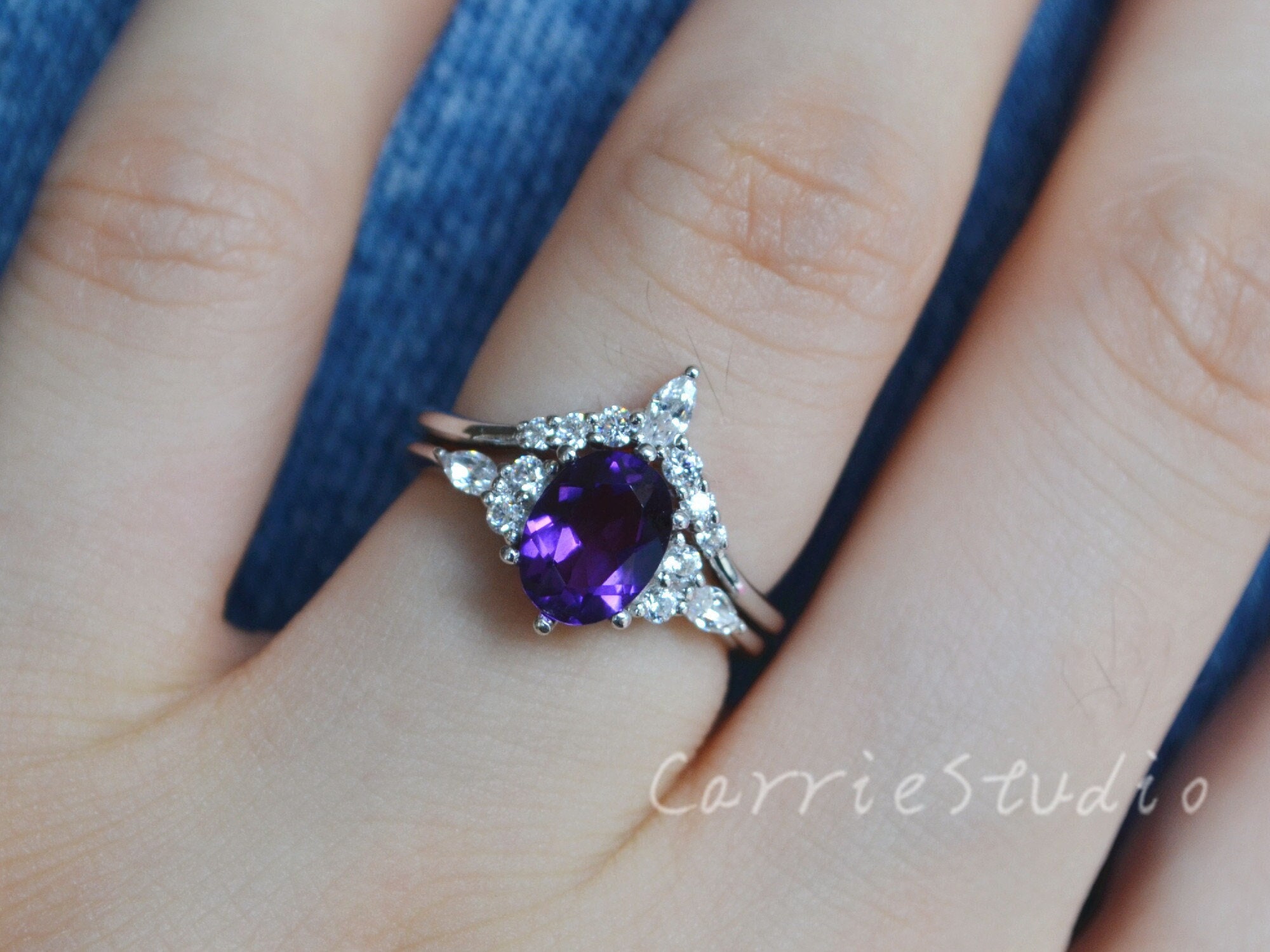 Natural Amethyst Ring Set/silver Amethyst Engagement Ring Purple Amethyst Anniversary Ring