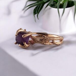 Natural Amethyst Twig Ring – Hand-cut Gemstone, 14k Rose Gold Natural Amethyst Twig Ring – Hand-cut Gemstone, 14k Rose Gold