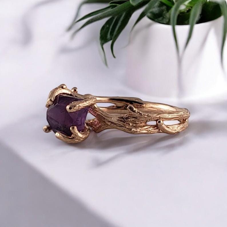 Natural Amethyst Twig Ring – Hand-cut Gemstone, 14k Rose Gold