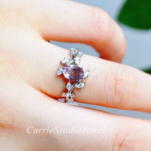 Nature Inspired Lavender Purple Amethyst Ring/Silver Leaf Band Light Purple Engagement Ring/Oval Purple Gemstone Promise Ring Nature Inspired Lavender Purple Amethyst Ring/Silver Leaf Band Light Purple Engagement Ring/Oval Purple Gemstone Promise Ring