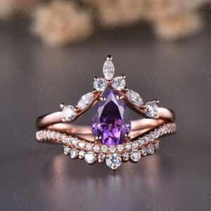 Pear Cut Amethyst Engagement Ring: Rose Gold Curved Band, Sterling Silver