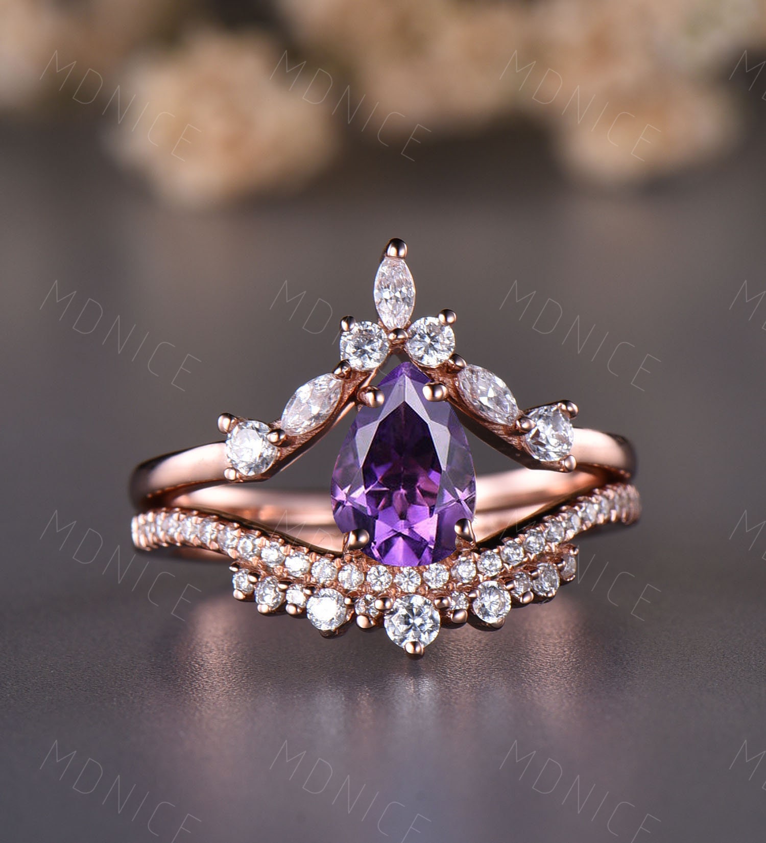 Pear Cut Amethyst Engagement Ring: Rose Gold Curved Band, Sterling Silver Pear Cut Amethyst Engagement Ring: Rose Gold Curved Band, Sterling Silver