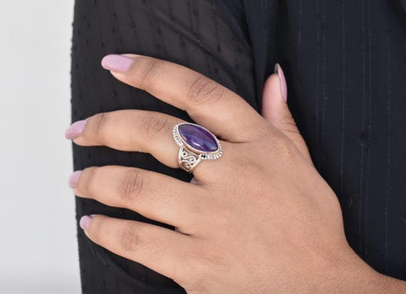 Pre Engagement Silver Ring, 925 Silver Amethyst Ring, Gifts For Fiancee, Designer Band Ring, Long Marquise Silver Ring, Bridesmaid Gifts