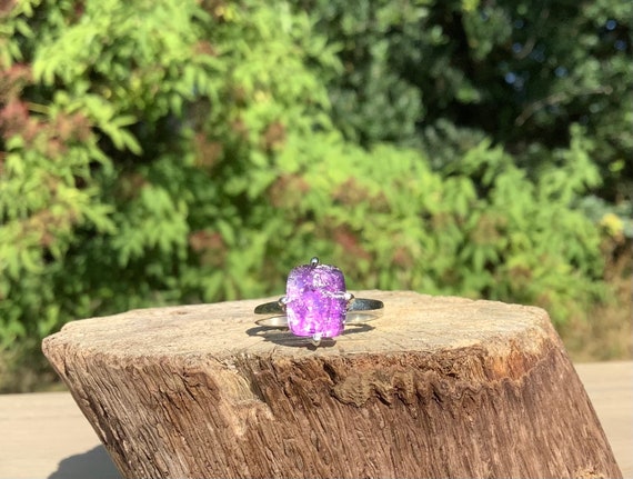 Raw Amethyst Silver Prong Ring, Purple Gemstone Claw Ring, February Birthstone