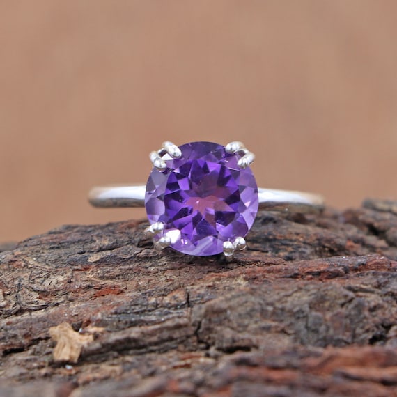Sterling Silver Amethyst Ring: Round Solitaire, February Birthstone