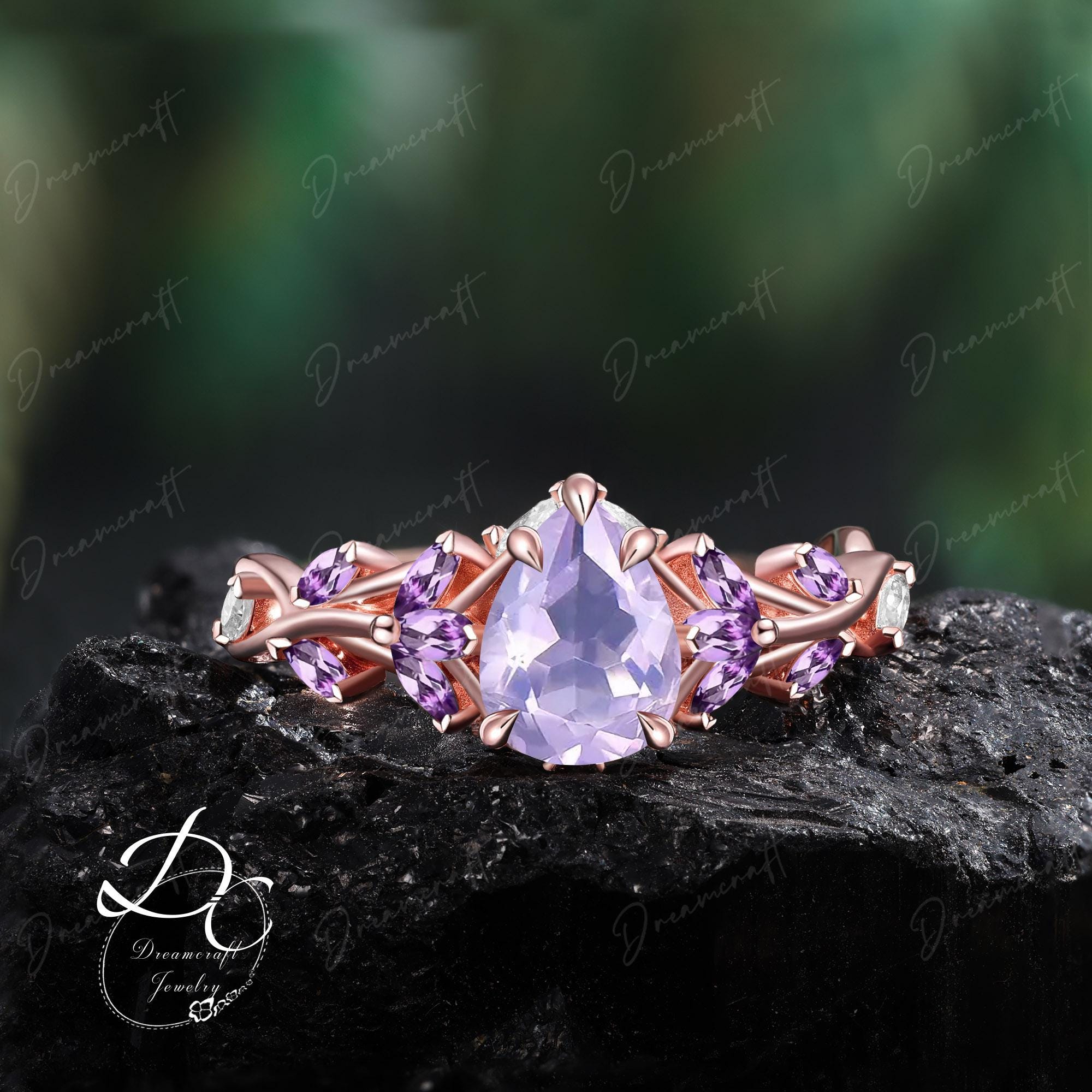 Vintage Pear Lavender Amethyst Engagement Ring Unique Cluster Promise Ring For Her Gold Art Deco Leaf Gemstone Branch Nature Inspired Ring Vintage Pear Lavender Amethyst Engagement Ring Unique Cluster Promise Ring For Her Gold Art Deco Leaf Gemstone Branch Nature Inspired Ring