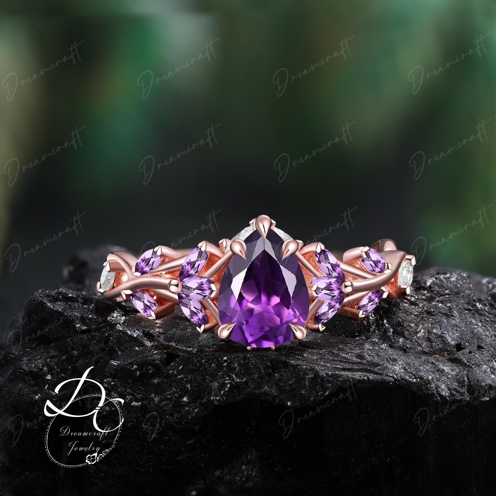 Vintage Pear Natural Amethyst Engagement Ring Unique Cluster Promise Ring For Her Gold Art Deco Leaf Gemstone Branch Nature Inspired Ring Vintage Pear Natural Amethyst Engagement Ring Unique Cluster Promise Ring For Her Gold Art Deco Leaf Gemstone Branch Nature Inspired Ring