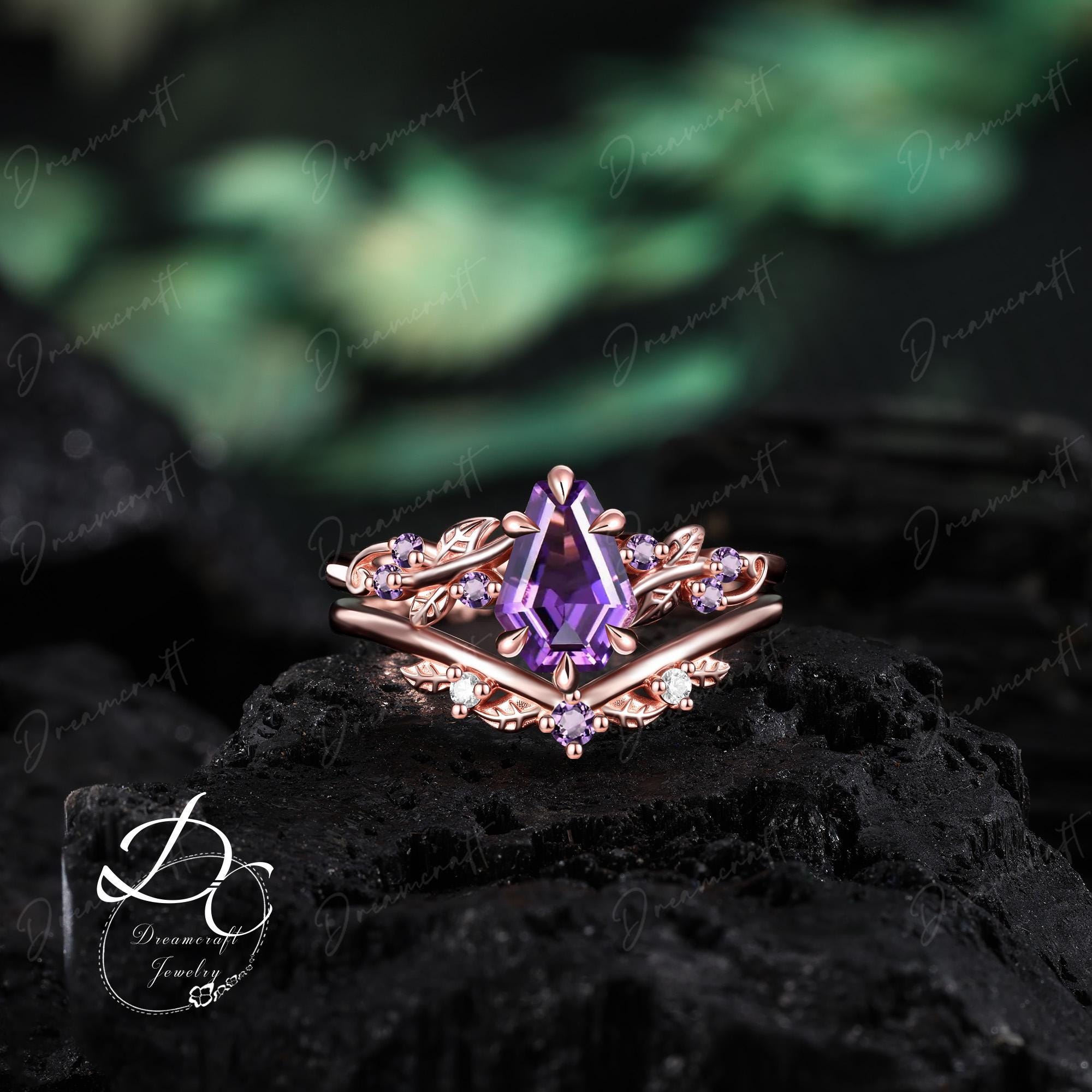Vintage Rose Gold Coffin Cut Amethyst Engagement Ring Sets Art Deco Leaf Nature Inspired Cluster Promise Ring  Gemstone Bridal Set Jewelry