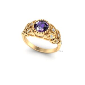 Vintage Royal Marquise Shape Textured Ring, Round Amethyst Gemstone Ring, 18k Gold Finish Ring For Women, Anniversary Gift
