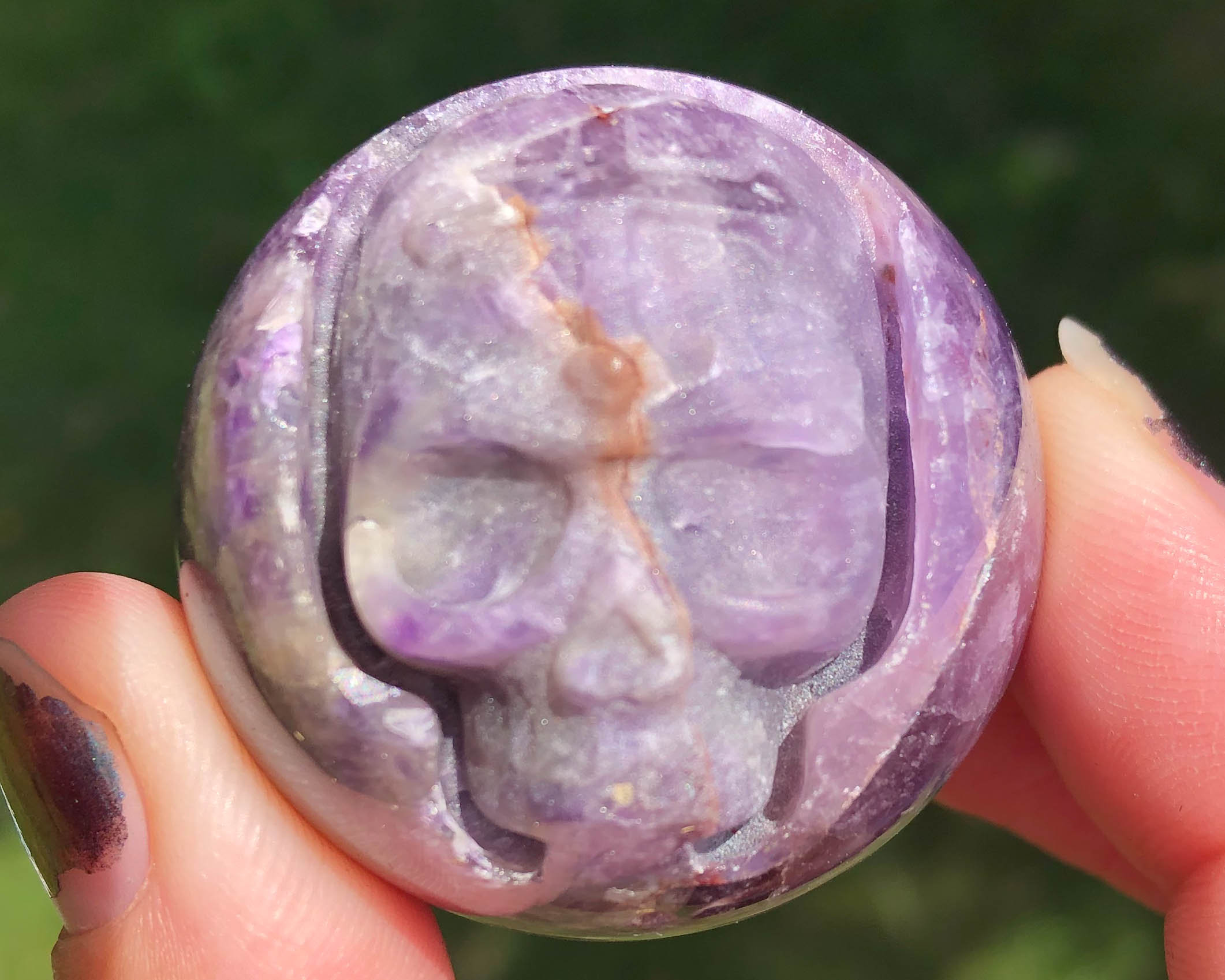 1.5 In Chevron Amethyst Skull Carved Sphere, February Birthstone Gift #2