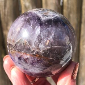 2.4" Chevron Amethyst Sphere From India #1 Red Hematite Inclusions, Rainbows, Banded Purple Dream Amethyst Crystal Ball, Witchy Home Decor