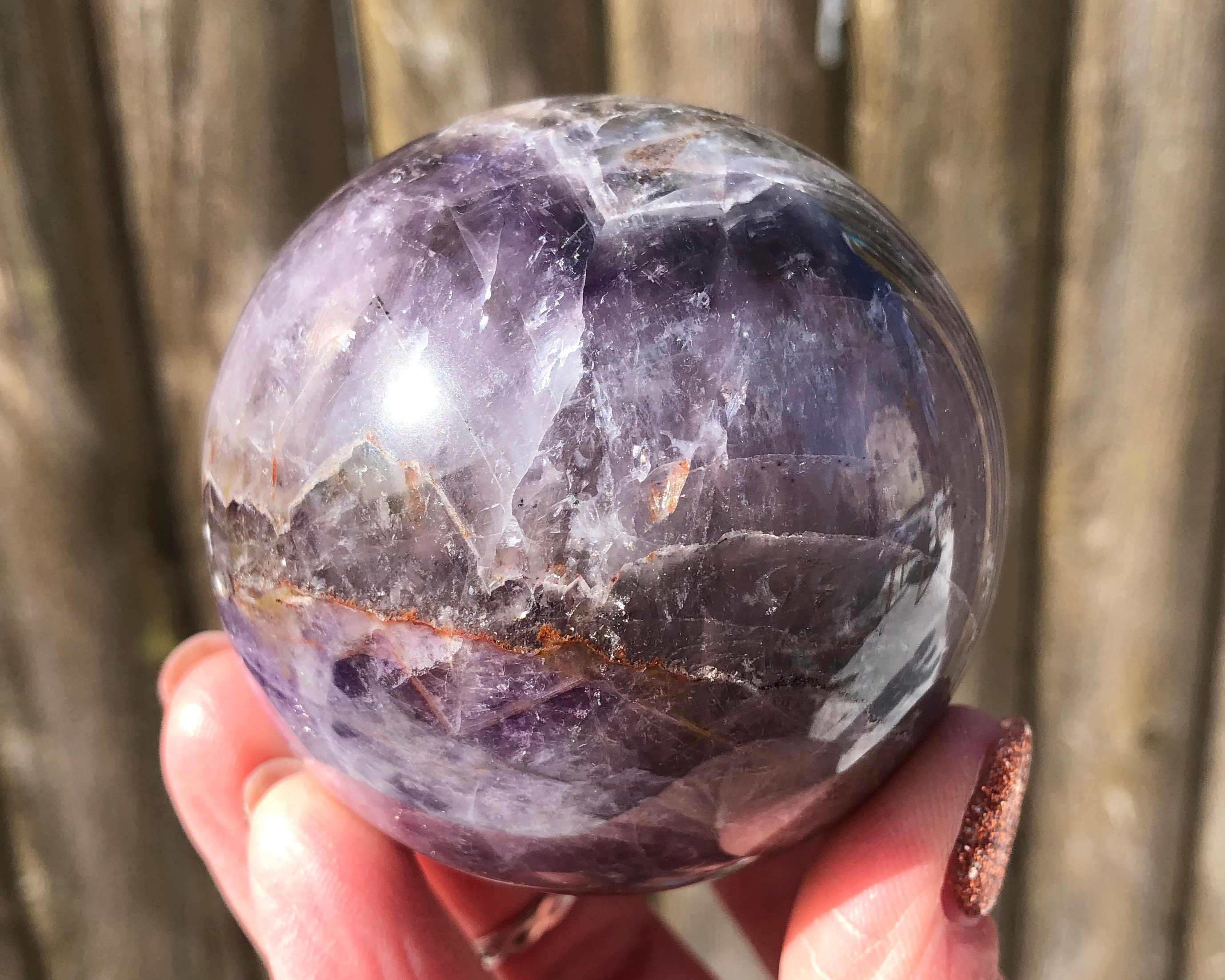 2.4" Chevron Amethyst Sphere From India #1 Red Hematite Inclusions, Rainbows, Banded Purple Dream Amethyst Crystal Ball, Witchy Home Decor
