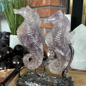 2 Large Amethyst Seahorses, Crystal Stand Set, Gemstone Carving
