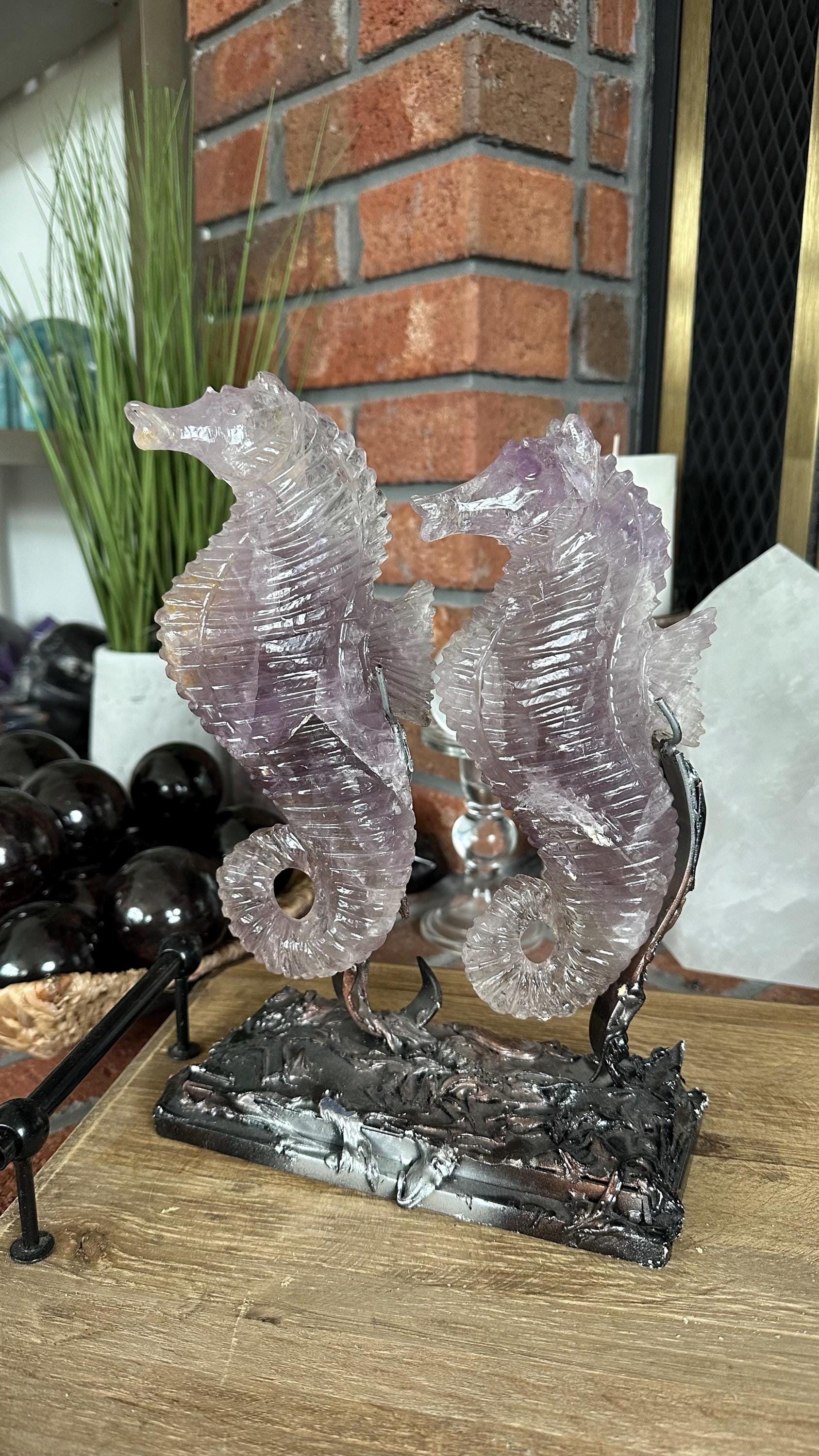 2 Large Amethyst Seahorses, Crystal Stand Set, Gemstone Carving