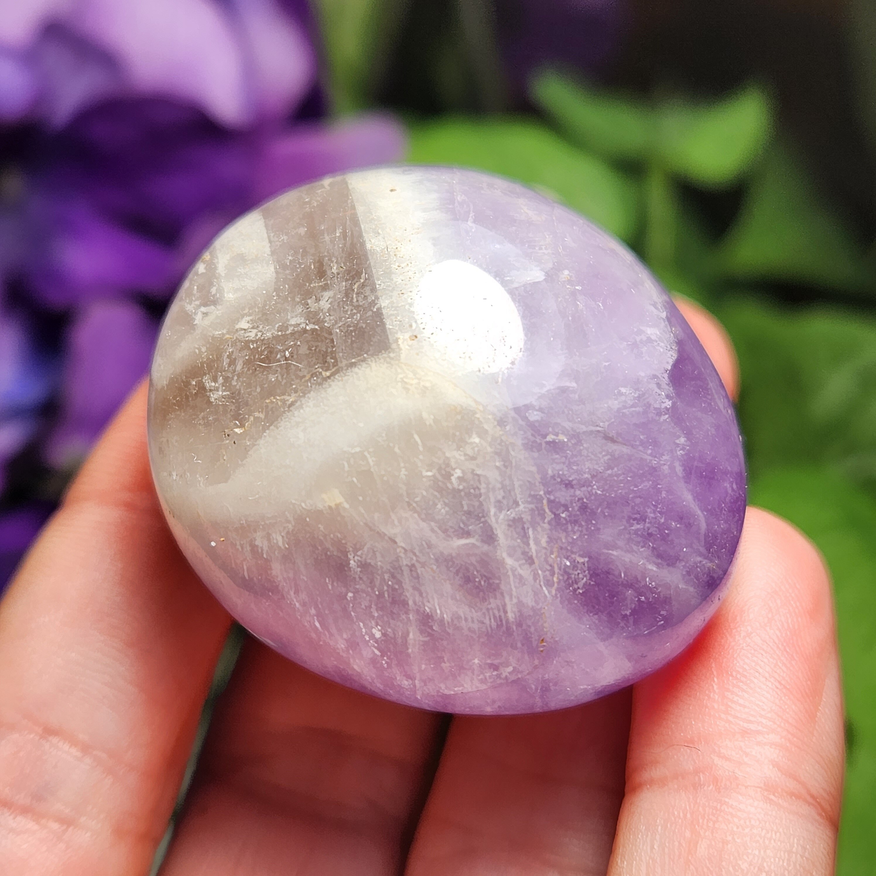 Chevron Amethyst Palm Stone: Polished Madagascar Crystal